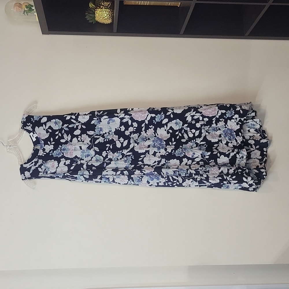 J. JILL Navy Floral  Rayon Sleeveless Hi Low Peplum Hem Maxi Dress
